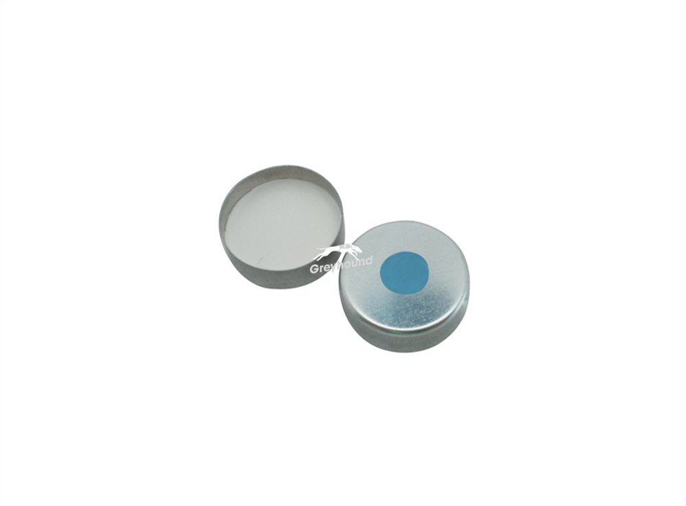 Picture of UltraClean 20mm Magnetic Crimp Cap, Silver, 8mm hole with Translucent Blue/White PTFE Septa, 3mm, (Shore A 45)